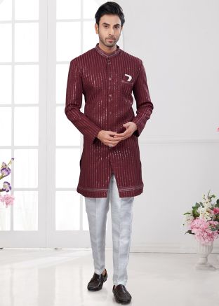 Maroon Embroidered Indo Western Sherwani Set