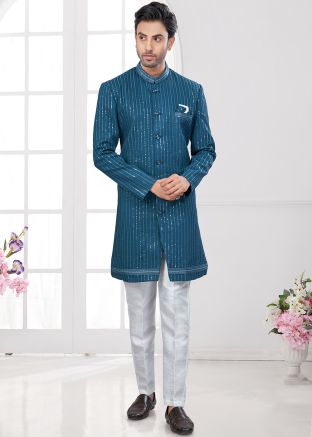 Blue Embroidered Indo Western Sherwani Set