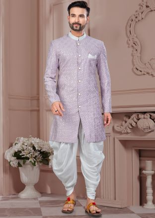 Purple Embroidered Dhoti Sherwani Set