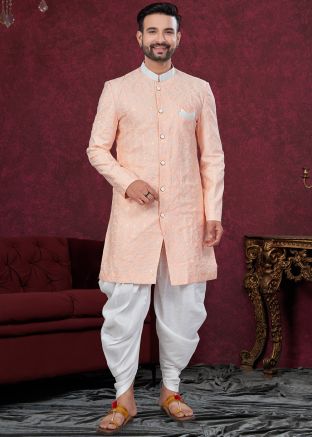 Peach Embroidered Dhoti With Sherwani Set