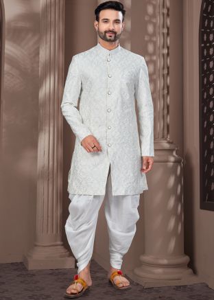 Grey Sequins Work Dhoti With Sherwani Set