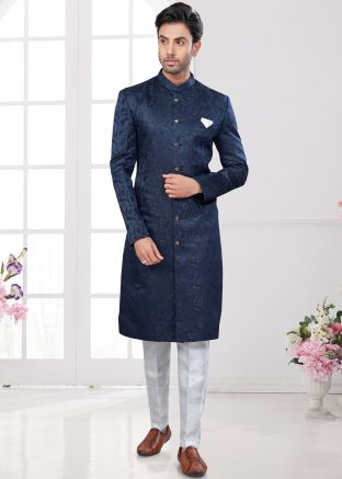 Blue Indo Western Sherwani In Woven Work