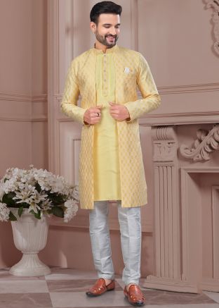 Yellow Woven Work Indo Western Sherwani Set