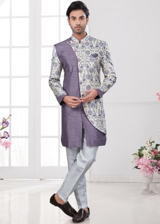 Purple Digital Print Indo Western Sherwani Set