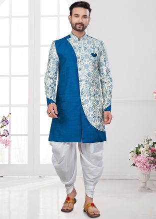 Blue Digital Print Dhoti With Sherwani Set