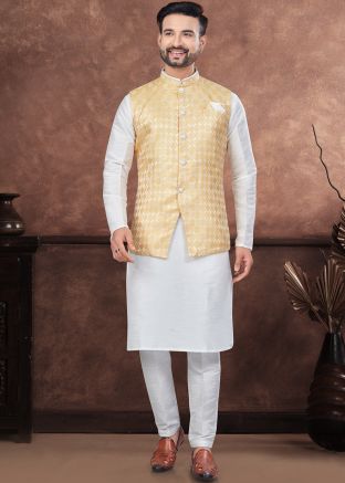 Off White Readymade Dupion Silk Kurta Pajama With Nehru Jacket