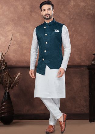 Off White Readymade Kurta Pajama With Nehru Jacket In Dupion Silk