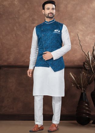Off White Readymade Dupion Silk Men Kurta Pajama With Nehru Jacket