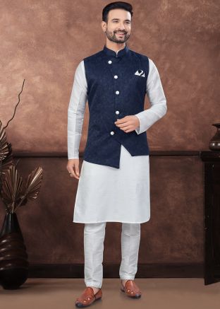 Readymade Off White Dupion Silk Kurta Pajama With Nehru Jacket
