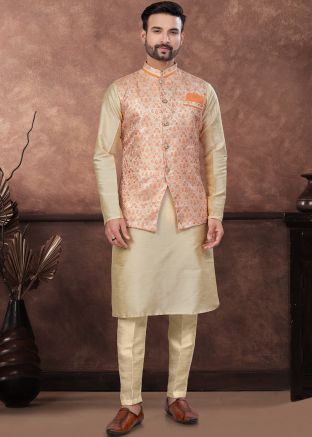 Beige Readymade Dupion Silk Kurta Pajama With Nehru Jacket