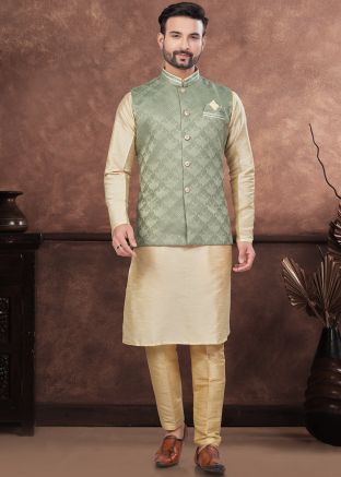 Beige Readymade Kurta Pajama With Nehru Jacket In Dupion Silk