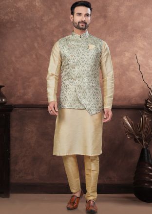 Beige Readymade Dupion Silk Nehru Jacket With Kurta Pajama In Plain 
