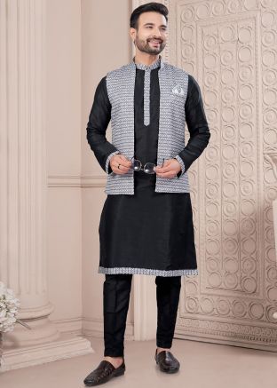 Readymade Black Dupion Silk Kurta Pajama With Nehru Jacket