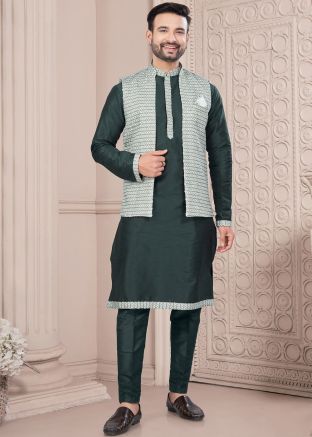 Green Readymade Dupion Silk Men Kurta Pajama With Nehru Jacket