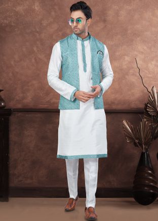 Readymade Off white Dupion Silk Kurta Pajama With Nehru Jacket