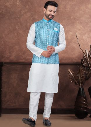 Off White Readymade Dupion Silk Kurta Pajama With Nehru Jacket Set