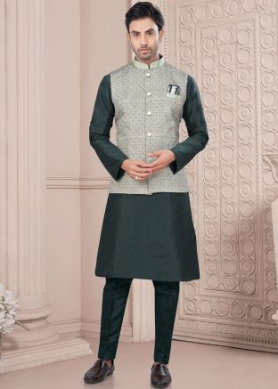 Green Readymade Men Kurta Pajama With Nehru Jacket In Dupion Silk
