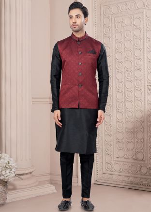 Black Readymade Dupion Silk Men Nehru Jacket With Kurta Pajama