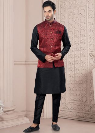 Black Readymade Dupion Silk Plain Kurta Pajama With Nehru Jacket