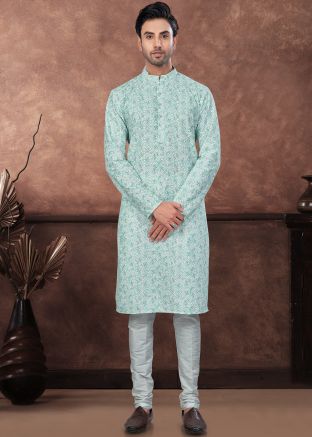 Readymade Seafoam Green Digital Printed Men Rayon Kurta Pajama 