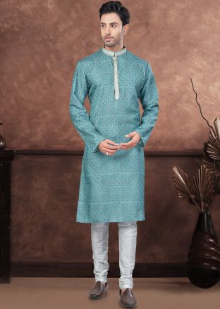Blue Readymade Men Digital Print Kurta Pajama In Jacquard 