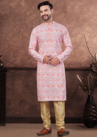 Pink Readymade Men Rayon Kurta Pajama In Digital Print