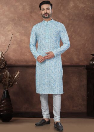 Blue Readymade Men Digital Printed Rayon Kurta Pajama 