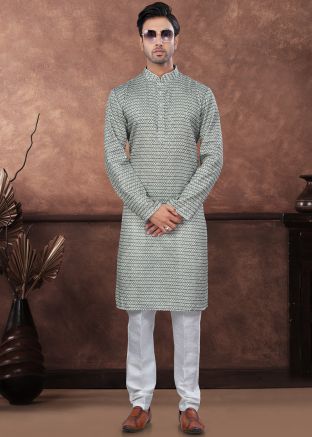 Readymade Sage Green Digital Printed Men Jacquard Kurta Pajama 