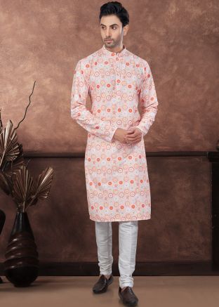 Peach Readymade Men Rayon Kurta Pajama In Embroidery