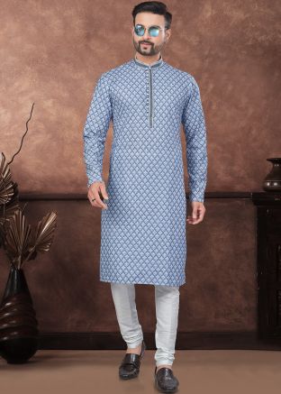 Blue Readymade Men Digital Print Kurta Pajama In Rayon