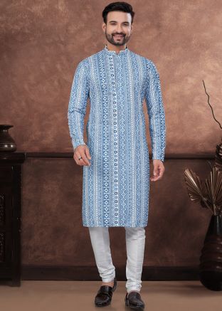 Blue Readymade Men Digital Print Kurta Pajama In Rayon
