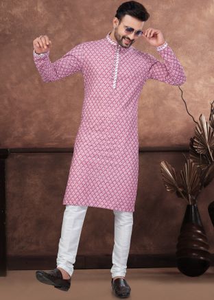 Pink Readymade Men Rayon Kurta Pajama In Digital Print