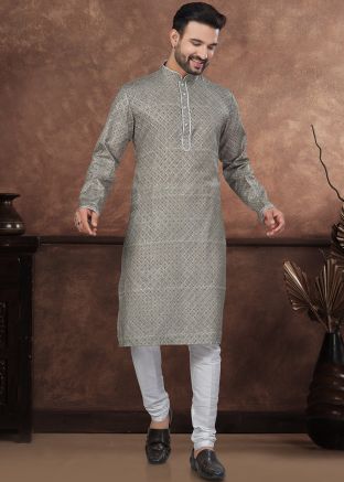 Sage Green Readymade Digital Printed Men Jacquard Kurta Pajama 