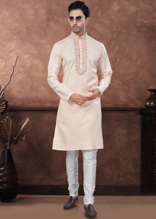 Peach Readymade Men Cotton Kurta Pajama In Embroidery