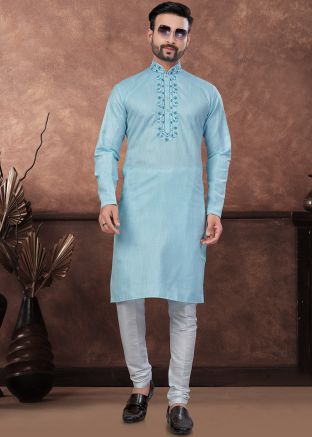 Turquoise Readymade Men Embroidered Kurta Pajama In Cotton