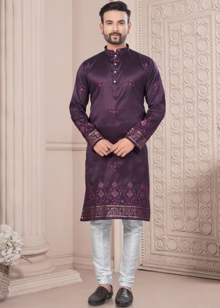 Purple Readymade Art Silk Kurta Pajama In Embroidery