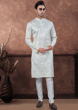 Off White Readymade Embroidered Men Art Silk Kurta Pajama 
