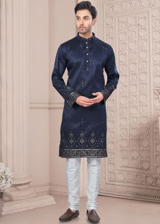 Blue Readymade Embroidered Men Art Silk Kurta Pajama Set