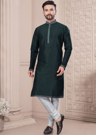 Green Readymade Art Silk Men Kurta Pajama In Plain