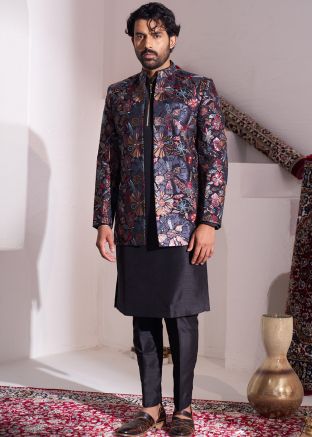 Black Readymade Silk Embroidered Jacket with Kurta Pajama