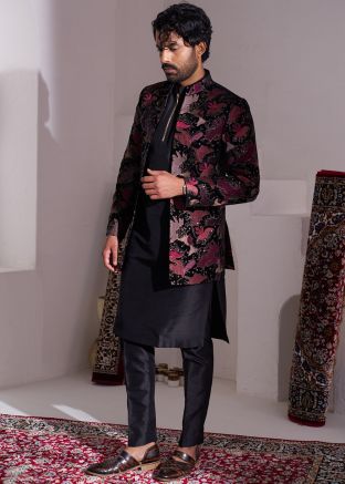 Black Readymade Silk Jacket with Kurta Pajama In Embroidery