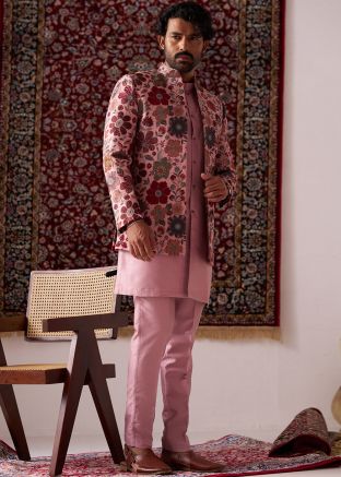 Pink Embroidered Readymade Kurta Pajama With Jacket In Silk