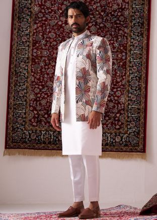 White Readymade Silk Embroidered Jacket with Kurta Pajama