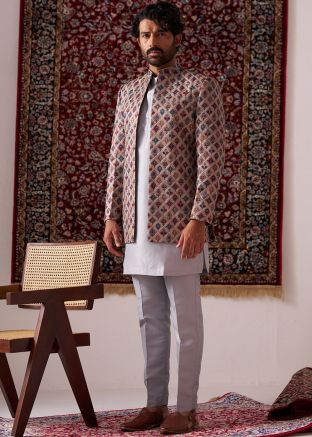 Grey Readymade Embroidered Silk Jacket with Kurta Pajama