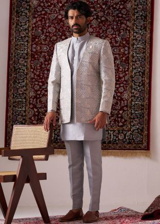 Grey Readymade Silk Jacket with Kurta Pajama In Embroidery