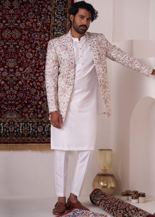 Off White Readymade Embroidered Jacket with Kurta Pajama In Silk