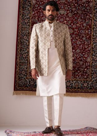 Cream Readymade Silk Jacket with Kurta Pajama In Woven