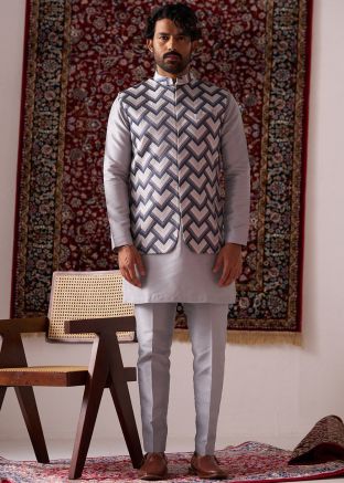 Grey Readymade Embroidered Silk Kurta Pajama With Nehru Jacket 
