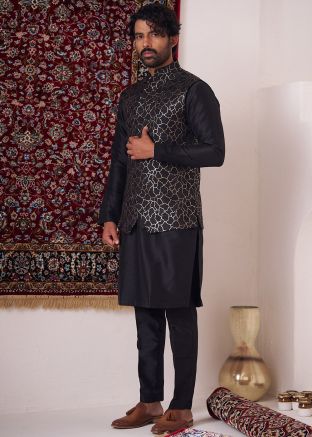 Black Readymade Embroidered Kurta Pajama With Nehru Jacket In Silk