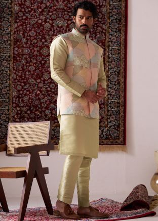 Yellow Readymade Embroidered Silk Kurta Pajama With Nehru Jacket 
